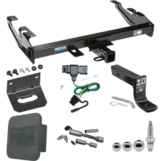 Fits 1988-2000 GMC K3500 Trailer Hitch Tow PKG w/ 4-Flat Wiring + Ball Mount w/ 4" Drop + Interchangeable Ball 1-7/8" & 2" & 2-5/16" + Wiring Bracket + Dual Hitch & Coupler Locks + Hitch Cover By Reese Towpower