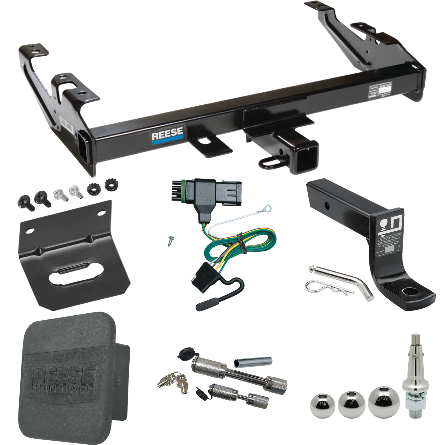 Fits 1988-2000 GMC C2500 Trailer Hitch Tow PKG w/ 4-Flat Wiring + Ball Mount w/ 4" Drop + Interchangeable Ball 1-7/8" & 2" & 2-5/16" + Wiring Bracket + Dual Hitch & Coupler Locks + Hitch Cover By Reese Towpower