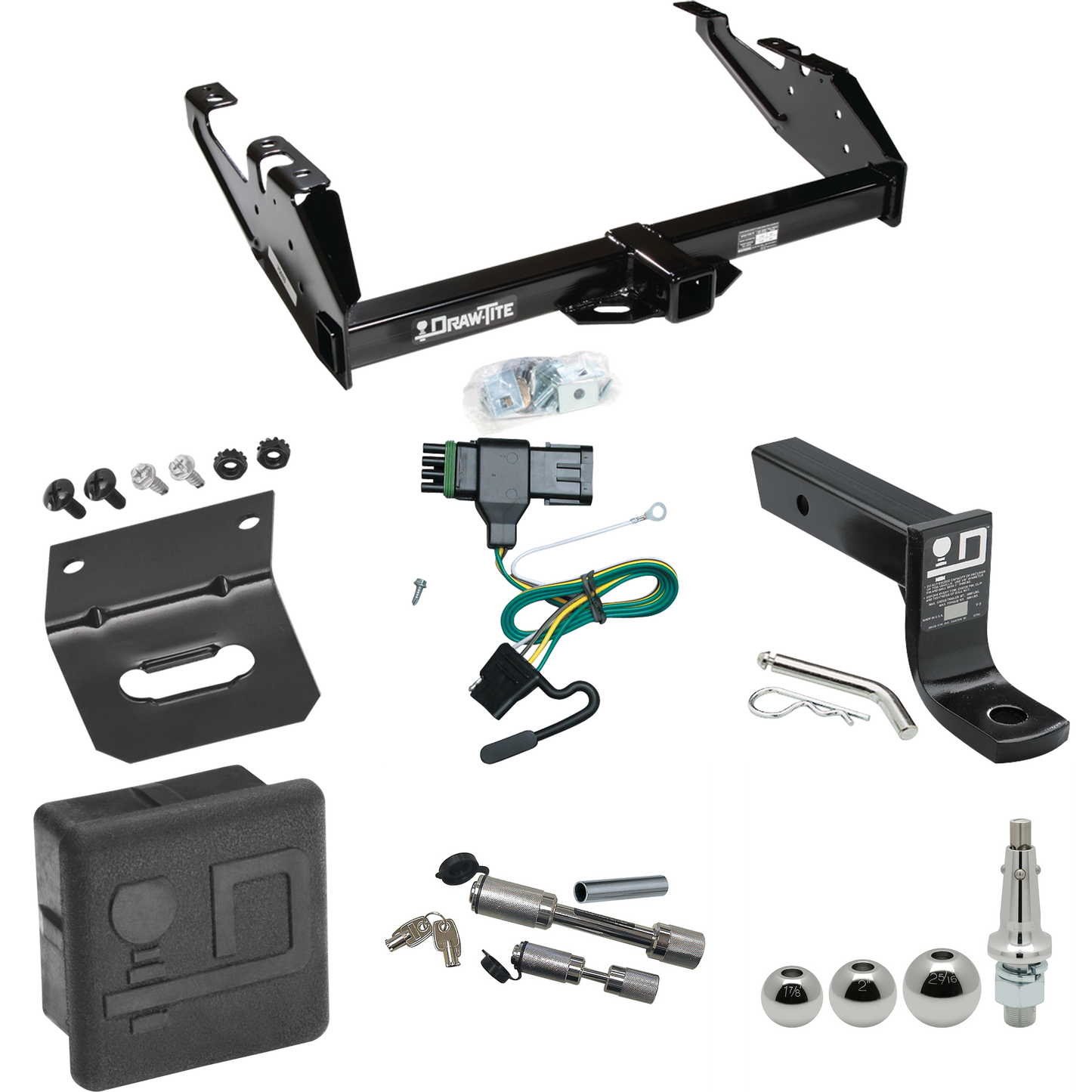 Fits 1988-2000 GMC C2500 Trailer Hitch Tow PKG w/ 4-Flat Wiring + Ball Mount w/ 4" Drop + Interchangeable Ball 1-7/8" & 2" & 2-5/16" + Wiring Bracket + Dual Hitch & Coupler Locks + Hitch Cover By Draw-Tite