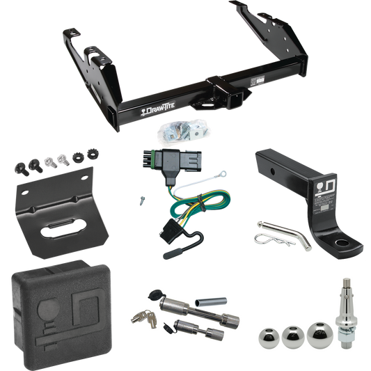 Fits 1988-2000 GMC C2500 Trailer Hitch Tow PKG w/ 4-Flat Wiring + Ball Mount w/ 4" Drop + Interchangeable Ball 1-7/8" & 2" & 2-5/16" + Wiring Bracket + Dual Hitch & Coupler Locks + Hitch Cover By Draw-Tite