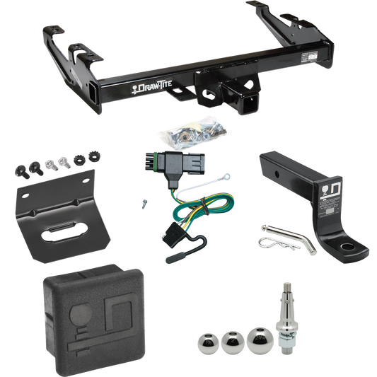 Fits 1992-2000 Chevrolet K2500 Trailer Hitch Tow PKG w/ 4-Flat Wiring + Ball Mount w/ 4" Drop + Interchangeable Ball 1-7/8" & 2" & 2-5/16" + Wiring Bracket + Hitch Cover (For Crew Cab Models) By Draw-Tite