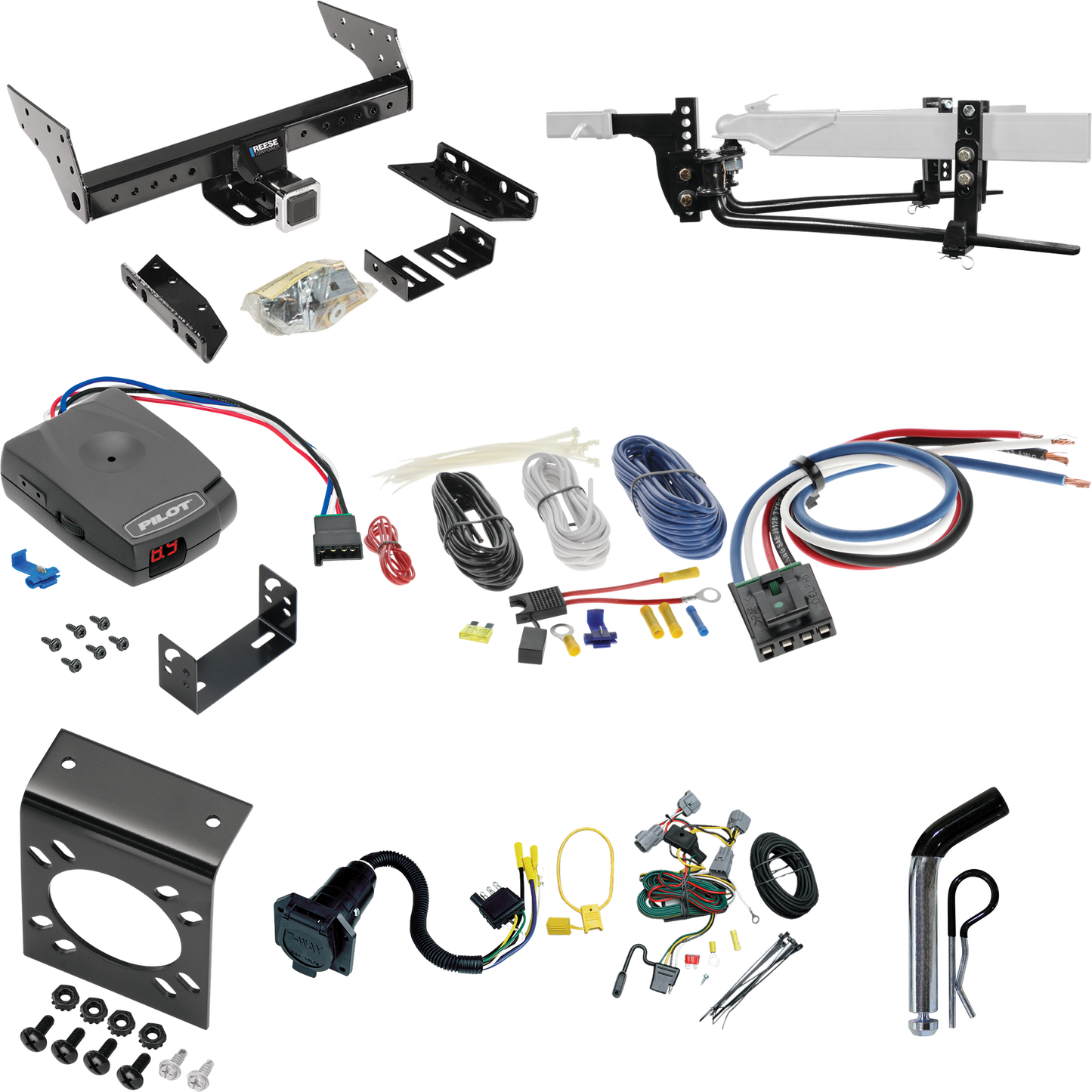 Fits 1994-1998 Jeep Grand Cherokee Trailer Hitch Tow PKG w/ 6K Round Bar Weight Distribution Hitch w/ 2-5/16" Ball + Pin/Clip + Pro Series Pilot Brake Control + Generic BC Wiring Adapter + 7-Way RV Wiring By Reese Towpower