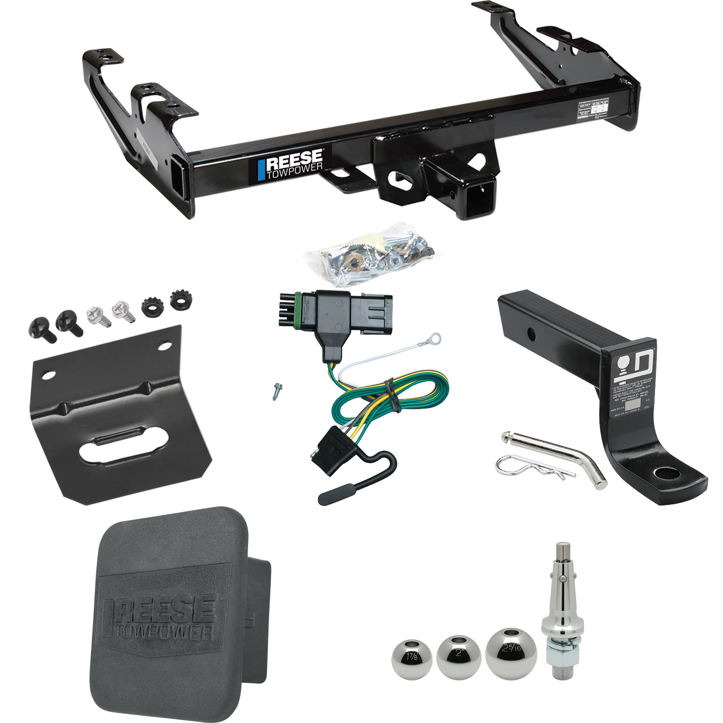 Fits 1988-2000 Chevrolet C3500 Trailer Hitch Tow PKG w/ 4-Flat Wiring + Ball Mount w/ 4" Drop + Interchangeable Ball 1-7/8" & 2" & 2-5/16" + Wiring Bracket + Hitch Cover (For Regular & Extended Cabs Models) By Reese Towpower