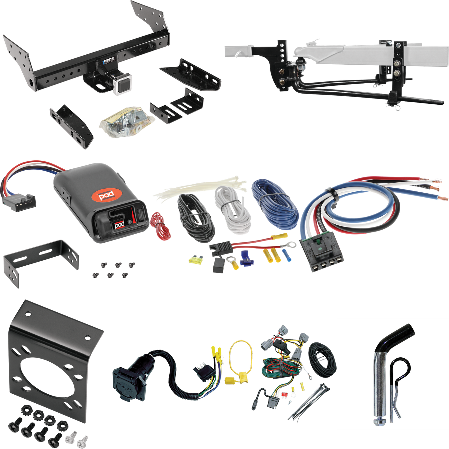 Fits 1994-1998 Jeep Grand Cherokee Trailer Hitch Tow PKG w/ 6K Round Bar Weight Distribution Hitch w/ 2-5/16" Ball + Pin/Clip + Pro Series POD Brake Control + Generic BC Wiring Adapter + 7-Way RV Wiring By Reese Towpower