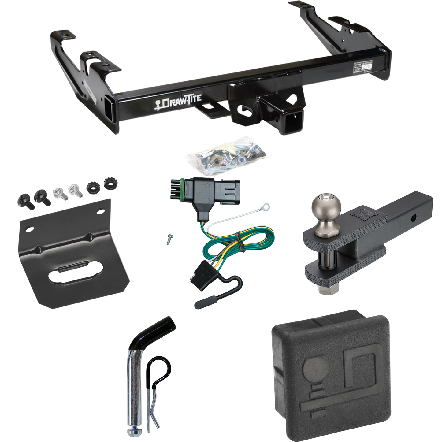 Fits 1992-2000 Chevrolet C3500 Trailer Hitch Tow PKG w/ 4-Flat Wiring + Clevis Hitch Ball Mount w/ 2" Ball + Pin/Clip + Wiring Bracket + Hitch Cover (For Crew Cab Models) By Draw-Tite