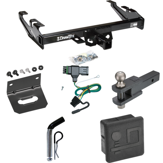 Fits 1992-2000 Chevrolet C3500 Trailer Hitch Tow PKG w/ 4-Flat Wiring + Clevis Hitch Ball Mount w/ 2" Ball + Pin/Clip + Wiring Bracket + Hitch Cover (For Crew Cab Models) By Draw-Tite