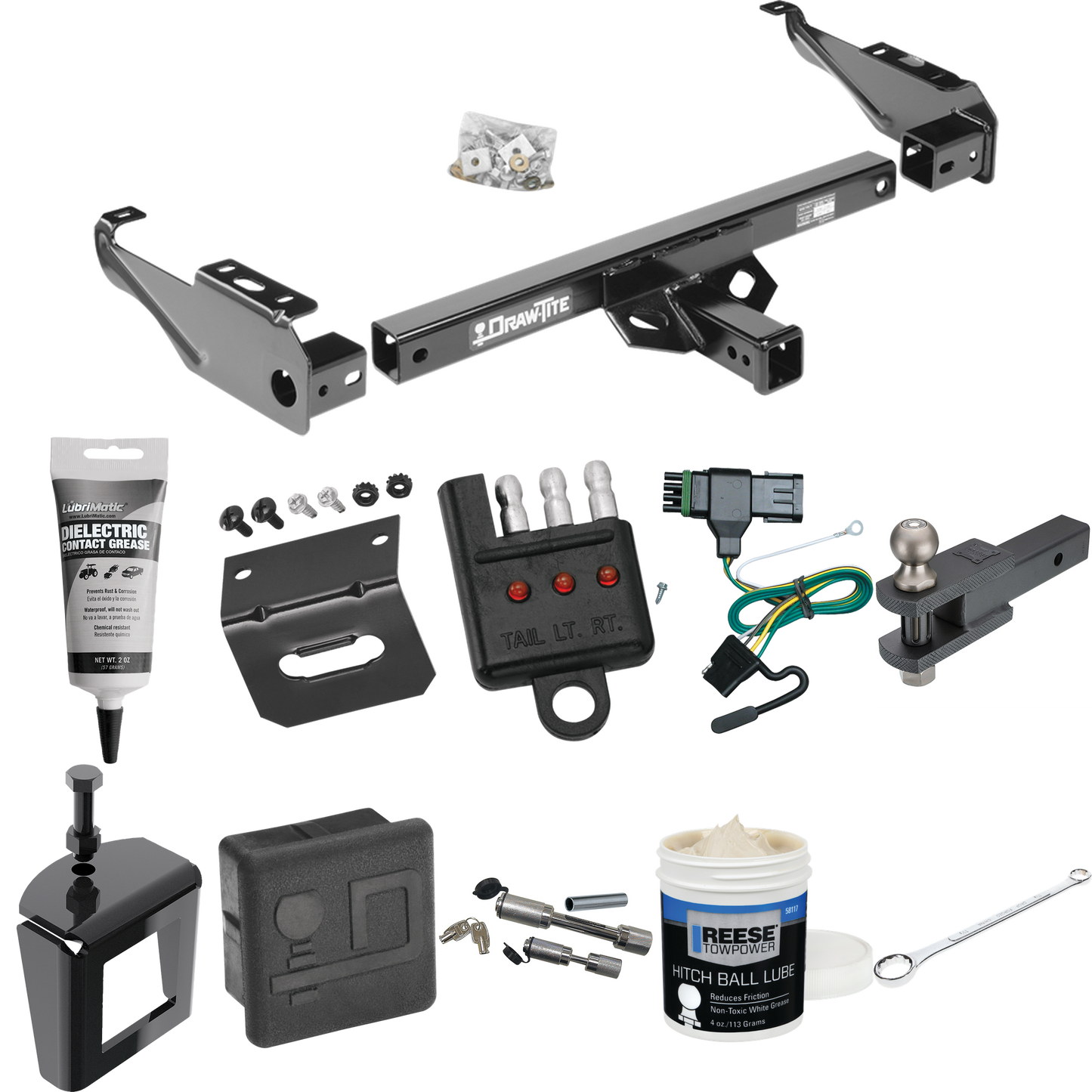 Fits 1988-2000 GMC C2500 Trailer Hitch Tow PKG w/ 4-Flat Wiring + Clevis Hitch Ball Mount w/ 2" Ball + Wiring Bracket + Hitch Cover + Dual Hitch & Coupler Locks + Wiring Tester + Ball Lube + Electric Grease + Ball Wrench + Anti Rattle Device By Draw-