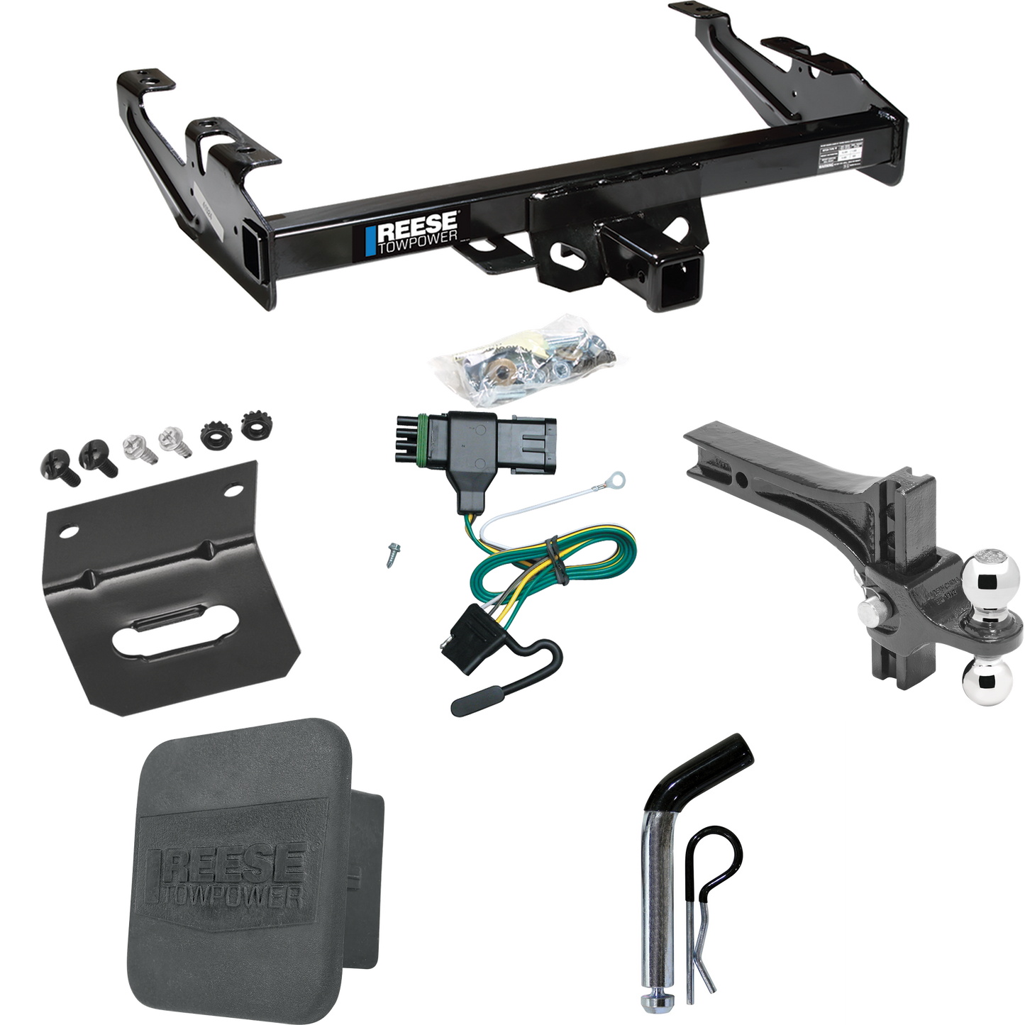 Fits 1988-2000 Chevrolet K3500 Trailer Hitch Tow PKG w/ 4-Flat Wiring + Dual Adjustable Drop Rise Ball Ball Mount 2" & 2-5/16" Trailer Balls + Pin/Clip + Wiring Bracket + Hitch Cover (For Regular & Extended Cabs Models) By Reese Towpower