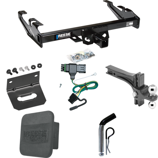 Fits 1988-2000 Chevrolet K3500 Trailer Hitch Tow PKG w/ 4-Flat Wiring + Dual Adjustable Drop Rise Ball Ball Mount 2" & 2-5/16" Trailer Balls + Pin/Clip + Wiring Bracket + Hitch Cover (For Regular & Extended Cabs Models) By Reese Towpower