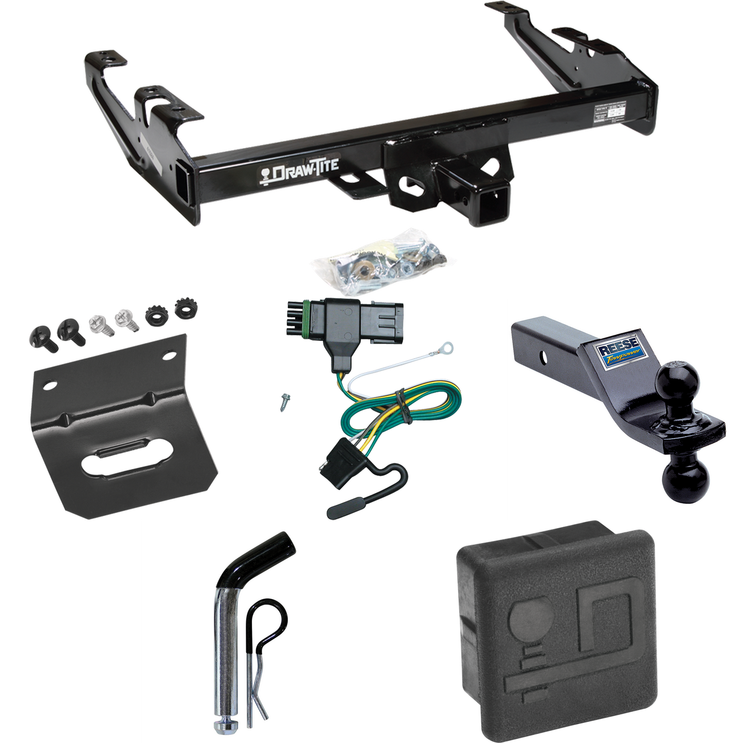 Fits 1988-2000 GMC K2500 Trailer Hitch Tow PKG w/ 4-Flat Wiring + Dual Ball Ball Mount 1-7/8" & 2" Trailer Balls + Pin/Clip + Wiring Bracket + Hitch Cover By Draw-Tite