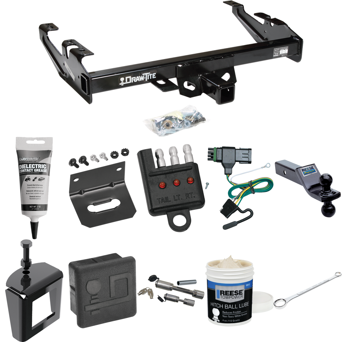 Fits 1992-2000 Chevrolet K3500 Trailer Hitch Tow PKG w/ 4-Flat Wiring + Dual Ball Ball Mount 1-7/8" & 2" Trailer Balls + Wiring Bracket + Hitch Cover + Dual Hitch & Coupler Locks + Wiring Tester + Ball Lube + Electric Grease + Ball Wrench + Anti Ratt