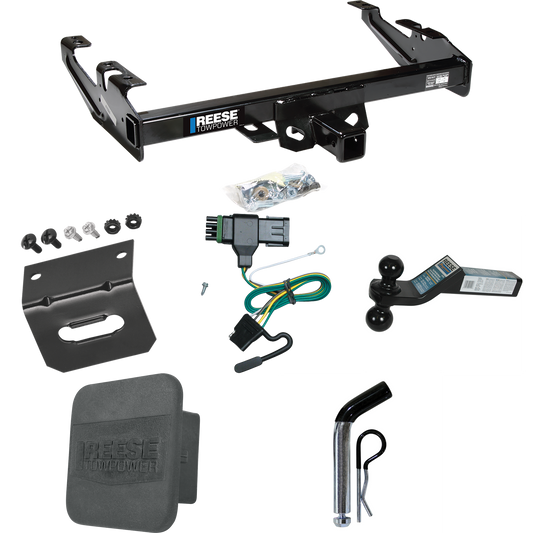 Fits 1988-2000 Chevrolet C3500 Trailer Hitch Tow PKG w/ 4-Flat Wiring + Dual Ball Ball Mount 2" & 2-5/16" Trailer Balls + Pin/Clip + Wiring Bracket + Hitch Cover (For Regular & Extended Cabs Models) By Reese Towpower