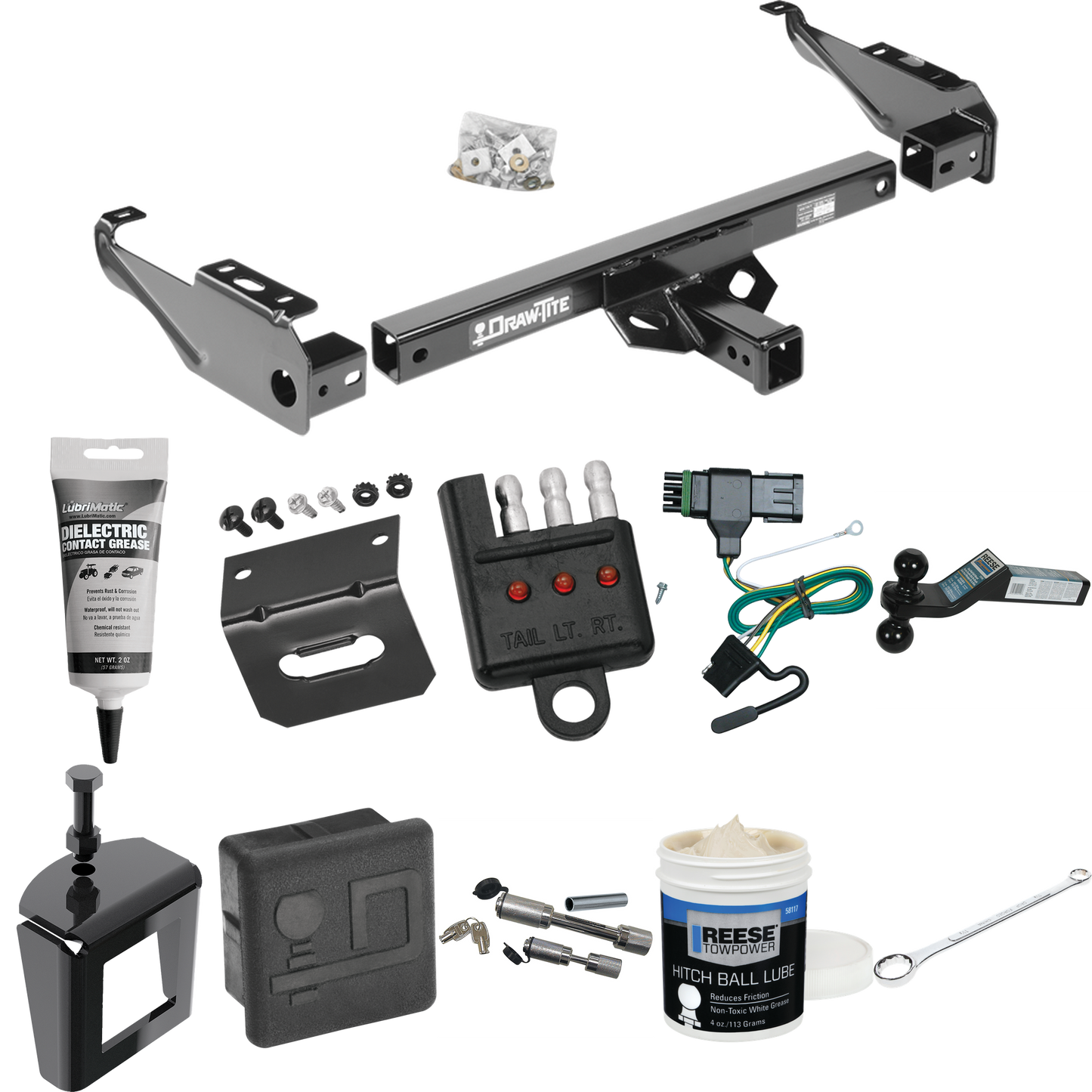 Fits 1988-2000 Chevrolet C3500 Trailer Hitch Tow PKG w/ 4-Flat Wiring + Dual Ball Ball Mount 2" & 2-5/16" Trailer Balls + Wiring Bracket + Hitch Cover + Dual Hitch & Coupler Locks + Wiring Tester + Ball Lube + Electric Grease + Ball Wrench + Anti Rat