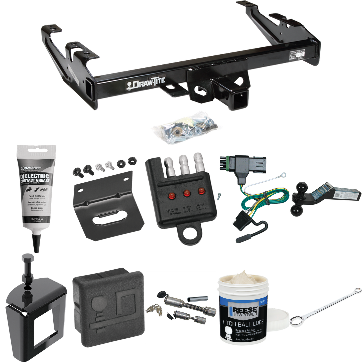 Fits 1988-1999 Chevrolet K2500 Trailer Hitch Tow PKG w/ 4-Flat Wiring + Dual Ball Ball Mount 2" & 2-5/16" Trailer Balls + Wiring Bracket + Hitch Cover + Dual Hitch & Coupler Locks + Wiring Tester + Ball Lube + Electric Grease + Ball Wrench + Anti Rat