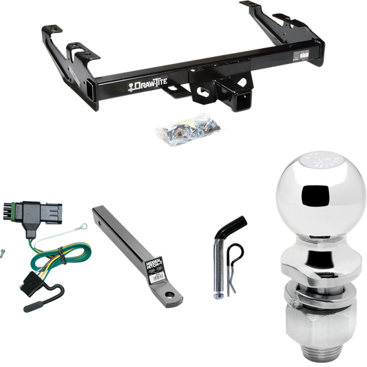 Fits 1988-2000 GMC C3500 Trailer Hitch Tow PKG w/ 4-Flat Wiring + Extended 16" Long Ball Mount w/ 2" Drop + Pin/Clip + 2" Ball By Draw-Tite