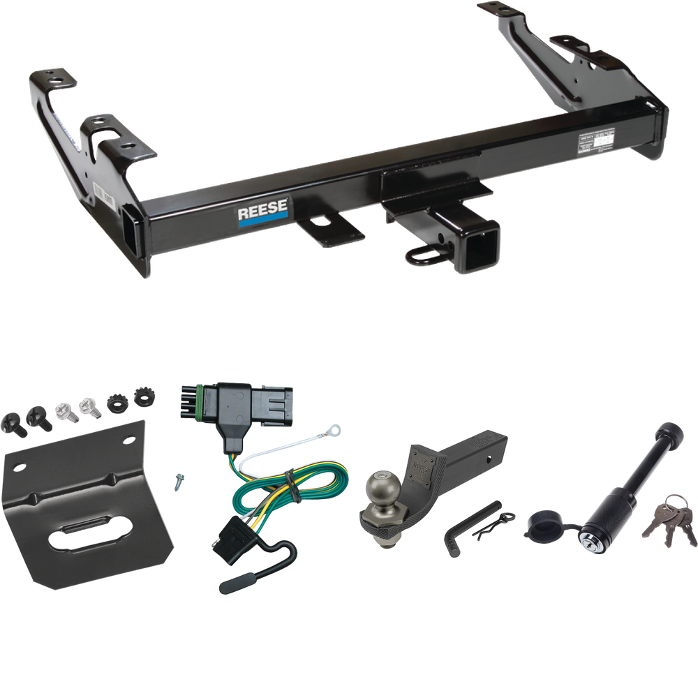 Fits 1988-2000 GMC K2500 Trailer Hitch Tow PKG w/ 4-Flat Wiring + Interlock Tactical Starter Kit w/ 2" Drop & 2" Ball + Tactical Dogbone Lock + Wiring Bracket By Reese Towpower