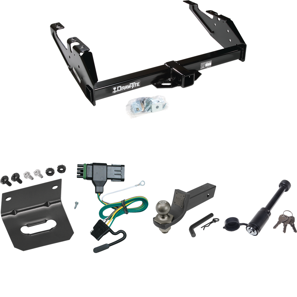 Fits 1988-2000 GMC C2500 Trailer Hitch Tow PKG w/ 4-Flat Wiring + Interlock Tactical Starter Kit w/ 2" Drop & 2" Ball + Tactical Dogbone Lock + Wiring Bracket By Draw-Tite