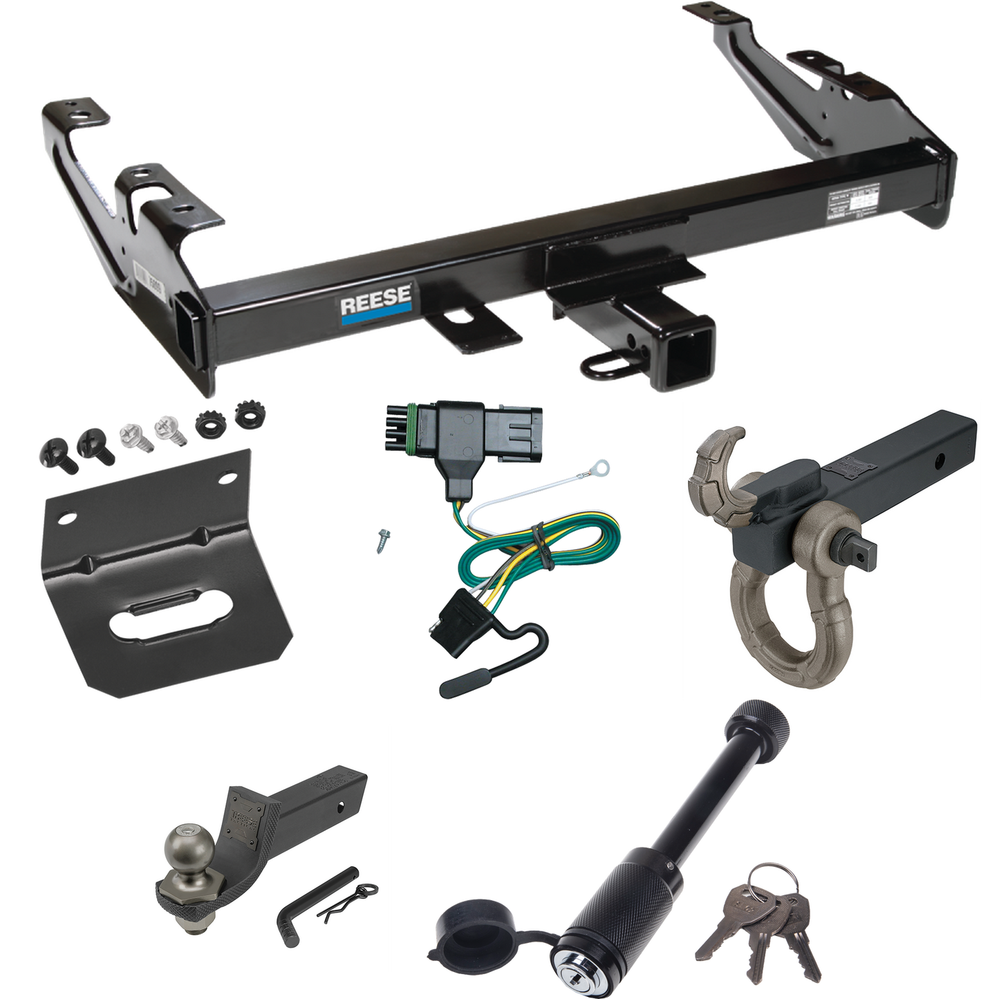 Fits 1992-2000 Chevrolet K3500 Trailer Hitch Tow PKG w/ 4-Flat Wiring + Interlock Tactical Starter Kit w/ 2" Drop & 2" Ball + Tactical Hook & Shackle Mount + Tactical Dogbone Lock + Wiring Bracket (For Crew Cab Models) By Reese Towpower