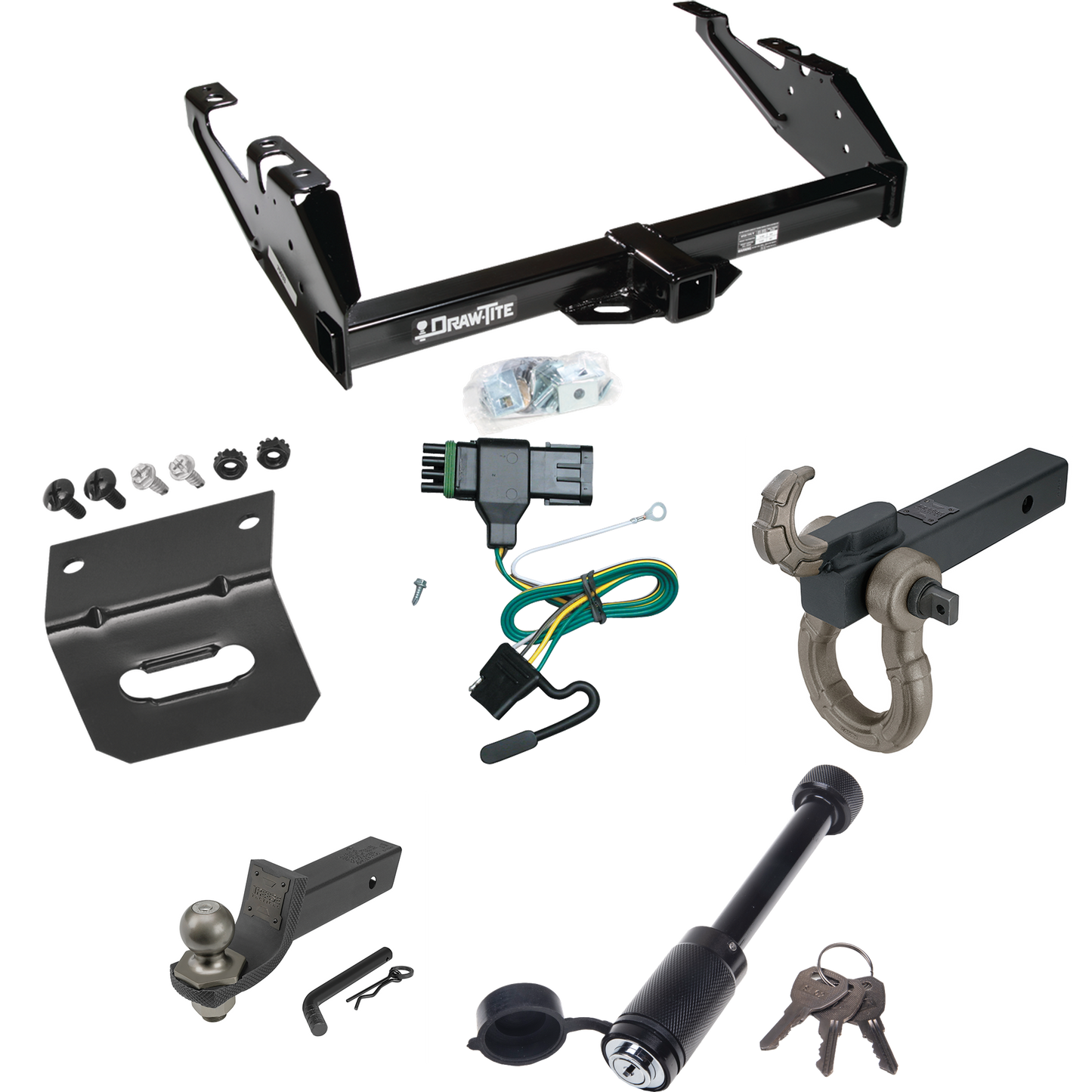 Fits 1992-2000 Chevrolet C3500 Trailer Hitch Tow PKG w/ 4-Flat Wiring + Interlock Tactical Starter Kit w/ 2" Drop & 2" Ball + Tactical Hook & Shackle Mount + Tactical Dogbone Lock + Wiring Bracket (For Crew Cab Models) By Draw-Tite