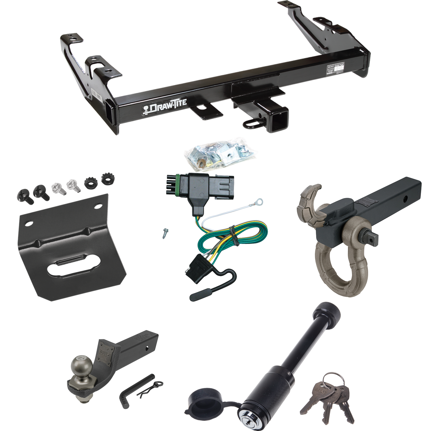 Fits 1988-2000 Chevrolet C3500 Trailer Hitch Tow PKG w/ 4-Flat Wiring + Interlock Tactical Starter Kit w/ 2" Drop & 2" Ball + Tactical Hook & Shackle Mount + Tactical Dogbone Lock + Wiring Bracket (For Regular & Extended Cabs Models) By Draw-Tite