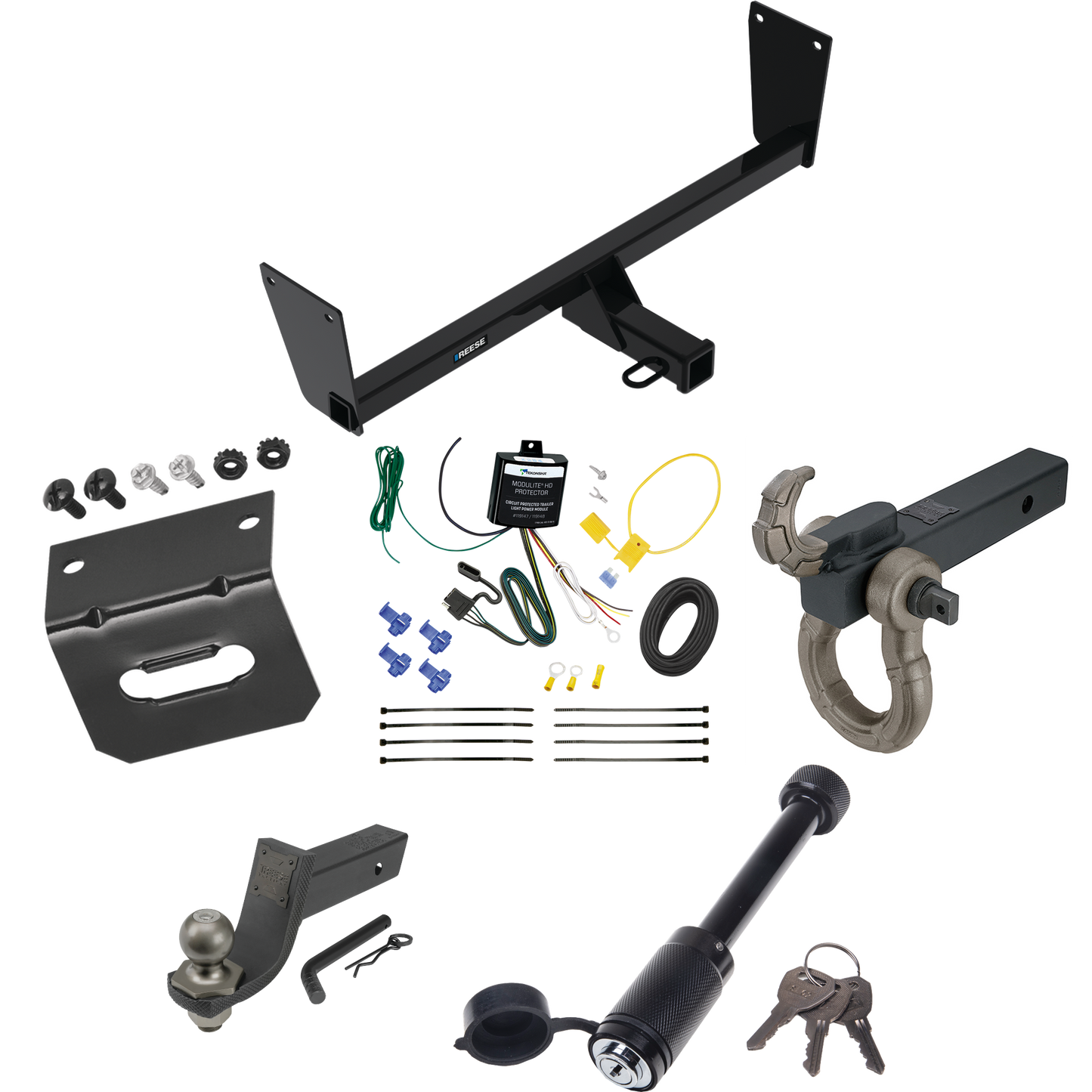 Fits 2023-2023 Subaru Solterra Trailer Hitch Tow PKG w/ 4-Flat Wiring + Interlock Tactical Starter Kit w/ 3-1/4" Drop & 2" Ball + Tactical Hook & Shackle Mount + Tactical Dogbone Lock + Wiring Bracket By Reese Towpower