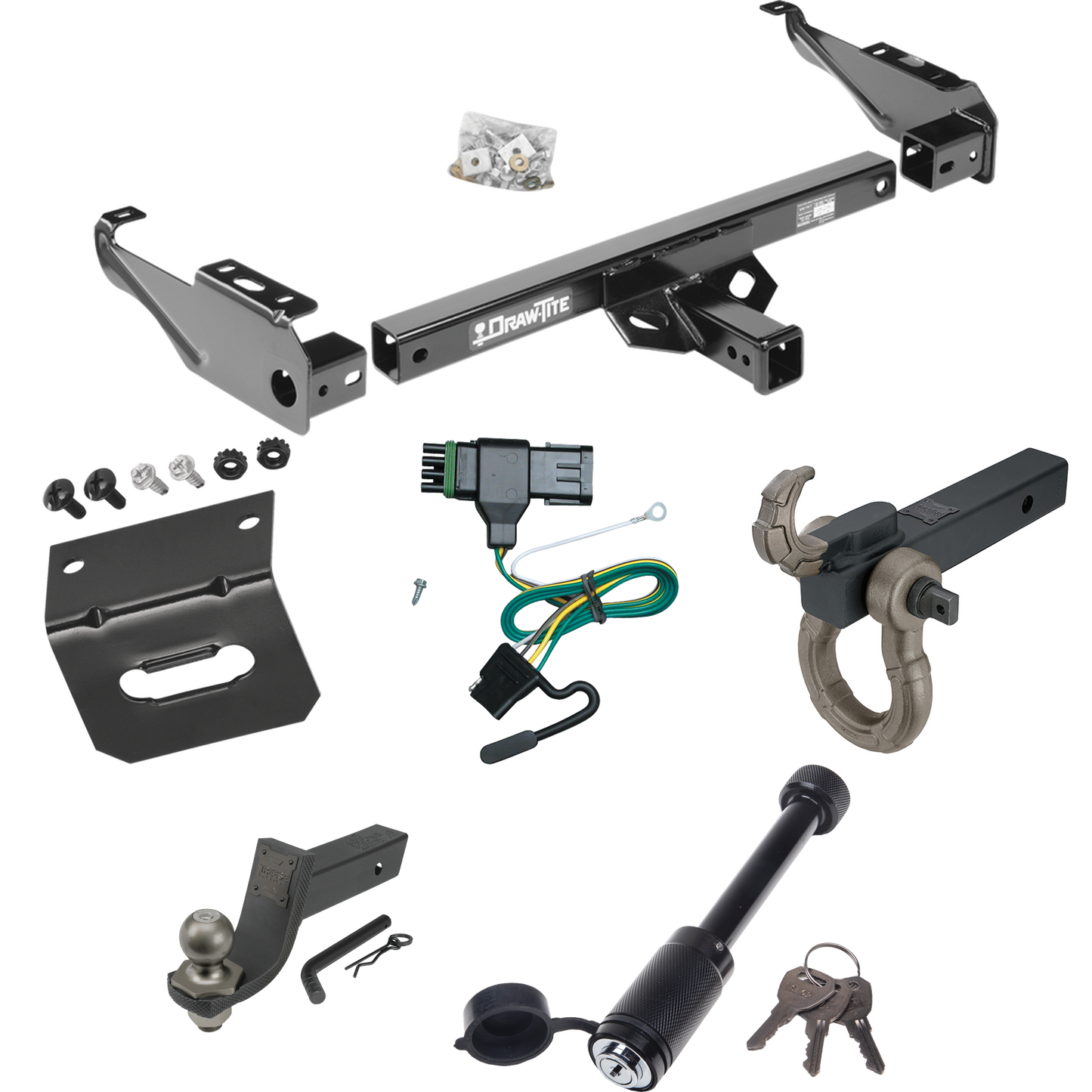 Fits 1988-1999 Chevrolet C1500 Trailer Hitch Tow PKG w/ 4-Flat Wiring + Interlock Tactical Starter Kit w/ 3-1/4" Drop & 2" Ball + Tactical Hook & Shackle Mount + Tactical Dogbone Lock + Wiring Bracket By Draw-Tite