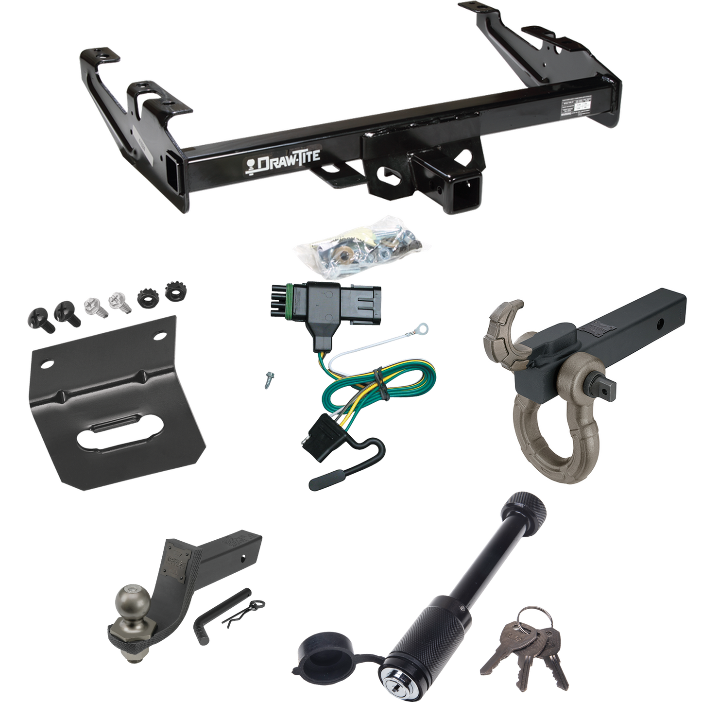 Fits 1988-2000 GMC C2500 Trailer Hitch Tow PKG w/ 4-Flat Wiring + Interlock Tactical Starter Kit w/ 3-1/4" Drop & 2" Ball + Tactical Hook & Shackle Mount + Tactical Dogbone Lock + Wiring Bracket By Draw-Tite