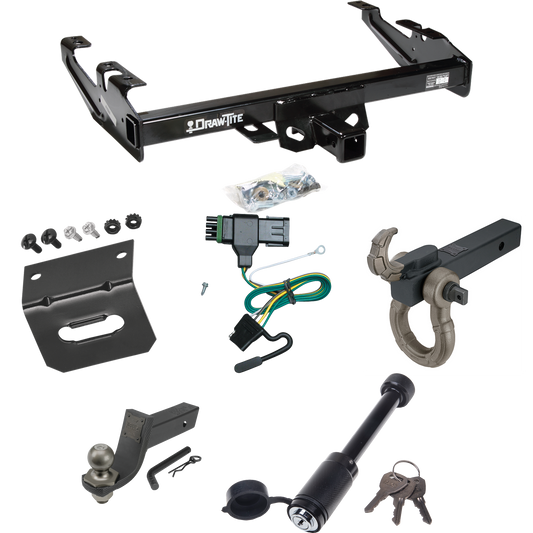 Fits 1988-2000 GMC C2500 Trailer Hitch Tow PKG w/ 4-Flat Wiring + Interlock Tactical Starter Kit w/ 3-1/4" Drop & 2" Ball + Tactical Hook & Shackle Mount + Tactical Dogbone Lock + Wiring Bracket By Draw-Tite