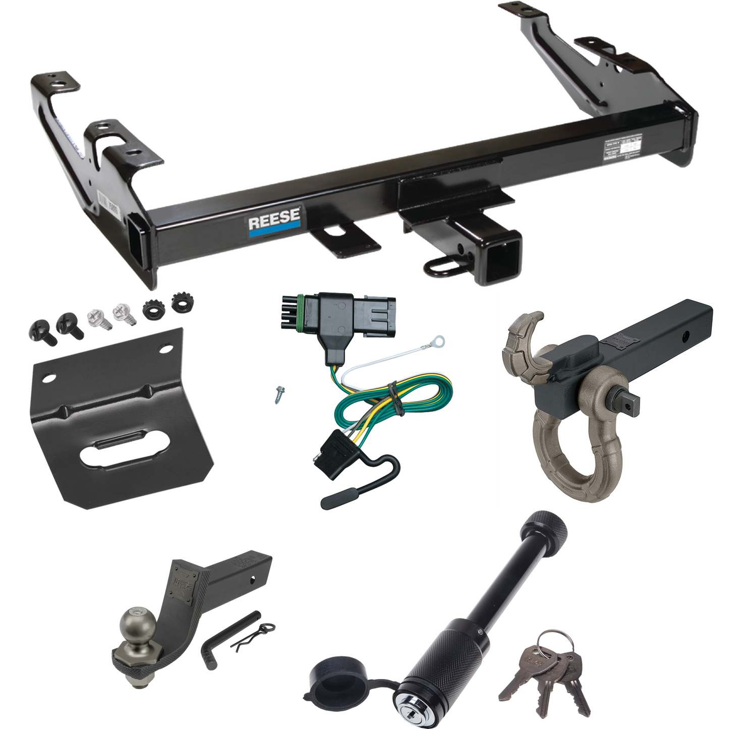 Fits 1988-2000 GMC C2500 Trailer Hitch Tow PKG w/ 4-Flat Wiring + Interlock Tactical Starter Kit w/ 3-1/4" Drop & 2" Ball + Tactical Hook & Shackle Mount + Tactical Dogbone Lock + Wiring Bracket By Reese Towpower