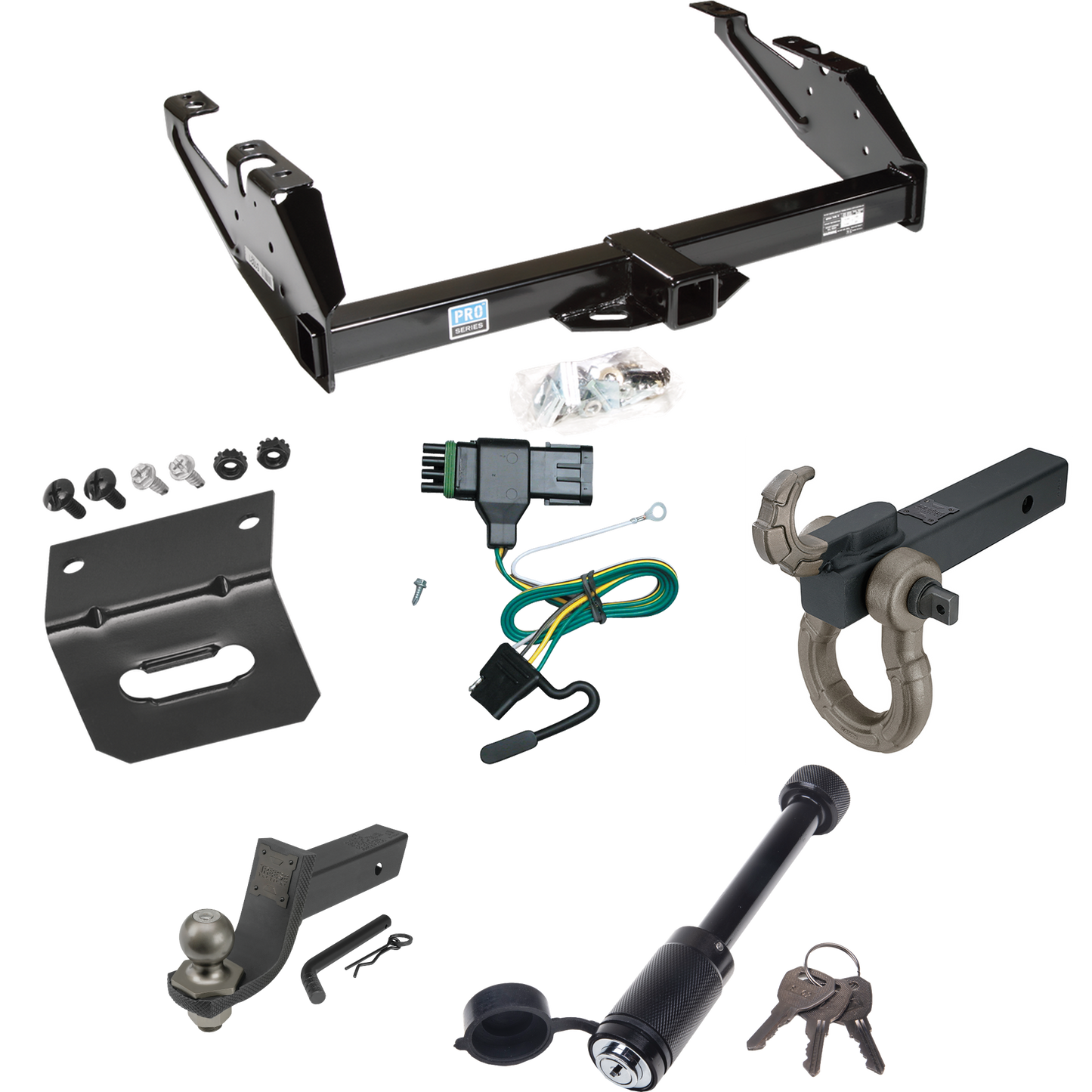 Fits 1992-2000 Chevrolet K2500 Trailer Hitch Tow PKG w/ 4-Flat Wiring + Interlock Tactical Starter Kit w/ 3-1/4" Drop & 2" Ball + Tactical Hook & Shackle Mount + Tactical Dogbone Lock + Wiring Bracket (For Crew Cab Models) By Reese Towpower