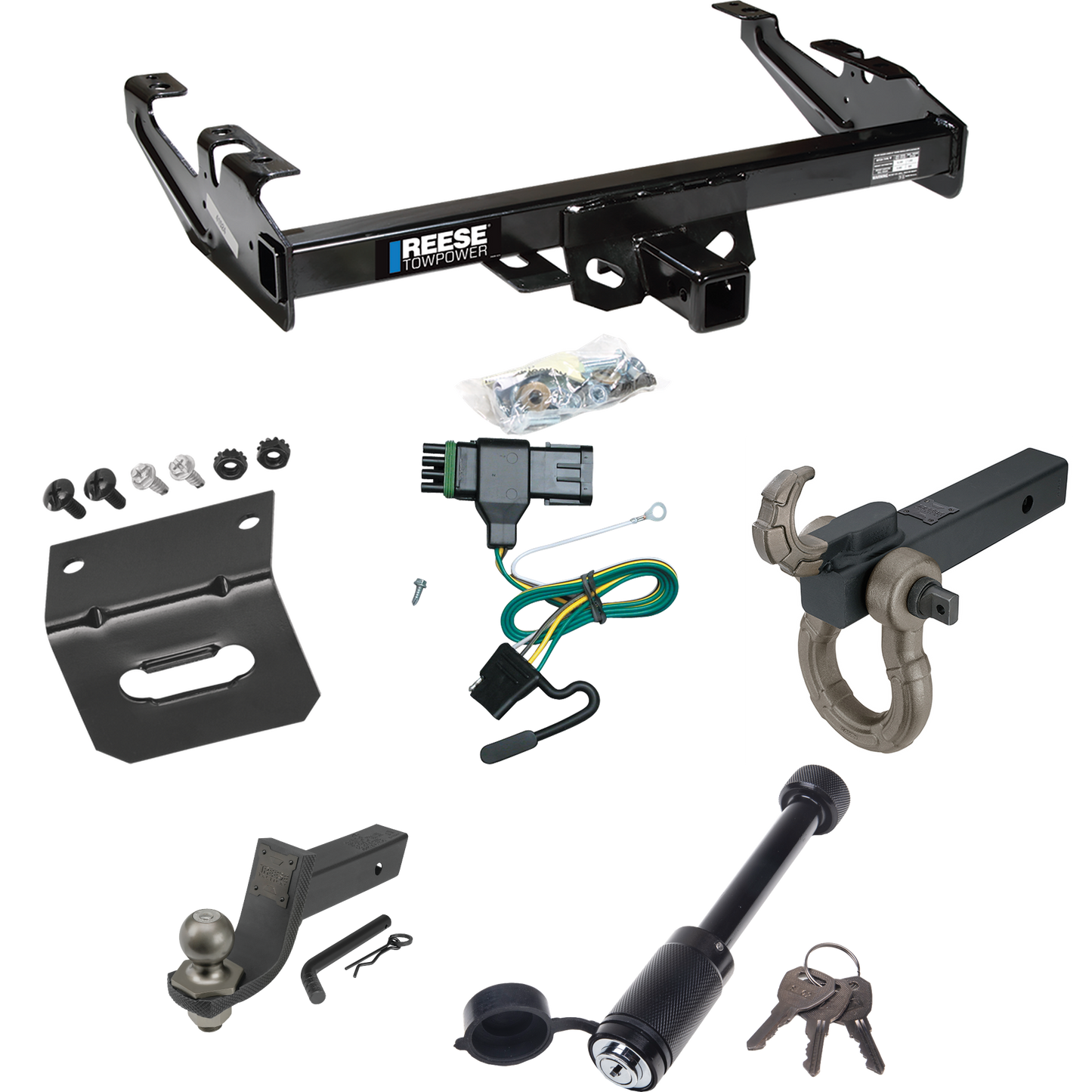 Fits 1992-2000 Chevrolet K2500 Trailer Hitch Tow PKG w/ 4-Flat Wiring + Interlock Tactical Starter Kit w/ 3-1/4" Drop & 2" Ball + Tactical Hook & Shackle Mount + Tactical Dogbone Lock + Wiring Bracket (For Crew Cab Models) By Reese Towpower