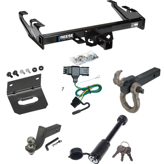 Fits 1992-2000 Chevrolet K2500 Trailer Hitch Tow PKG w/ 4-Flat Wiring + Interlock Tactical Starter Kit w/ 3-1/4" Drop & 2" Ball + Tactical Hook & Shackle Mount + Tactical Dogbone Lock + Wiring Bracket (For Crew Cab Models) By Reese Towpower