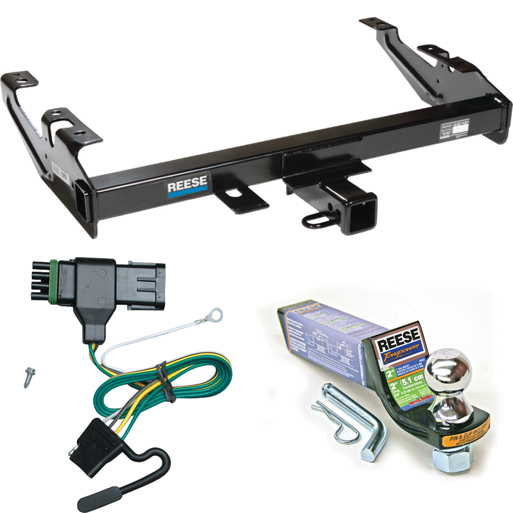 Fits 1988-2000 GMC K2500 Trailer Hitch Tow PKG w/ 4-Flat Wiring + Starter Kit Ball Mount w/ 2" Drop & 1-7/8" Ball By Reese Towpower