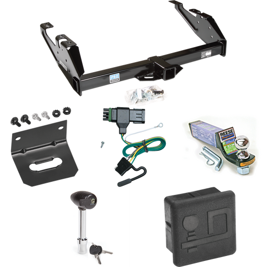 Fits 1992-2000 Chevrolet K2500 Trailer Hitch Tow PKG w/ 4-Flat Wiring + Starter Kit Ball Mount w/ 2" Drop & 1-7/8" Ball + Wiring Bracket + Hitch Lock + Hitch Cover (For Crew Cab Models) By Reese Towpower