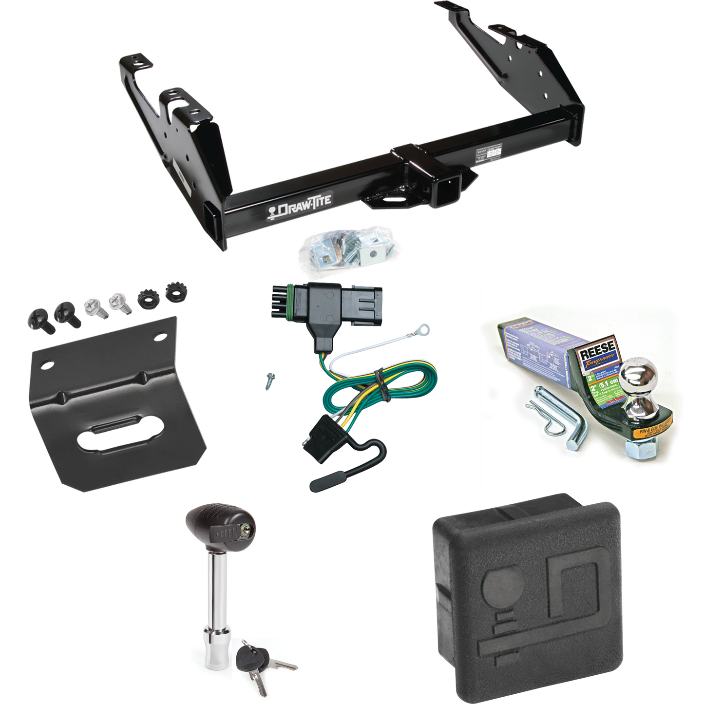 Fits 1988-1999 Chevrolet K2500 Trailer Hitch Tow PKG w/ 4-Flat Wiring + Starter Kit Ball Mount w/ 2" Drop & 1-7/8" Ball + Wiring Bracket + Hitch Lock + Hitch Cover (For Regular & Extended Cabs Models) By Draw-Tite