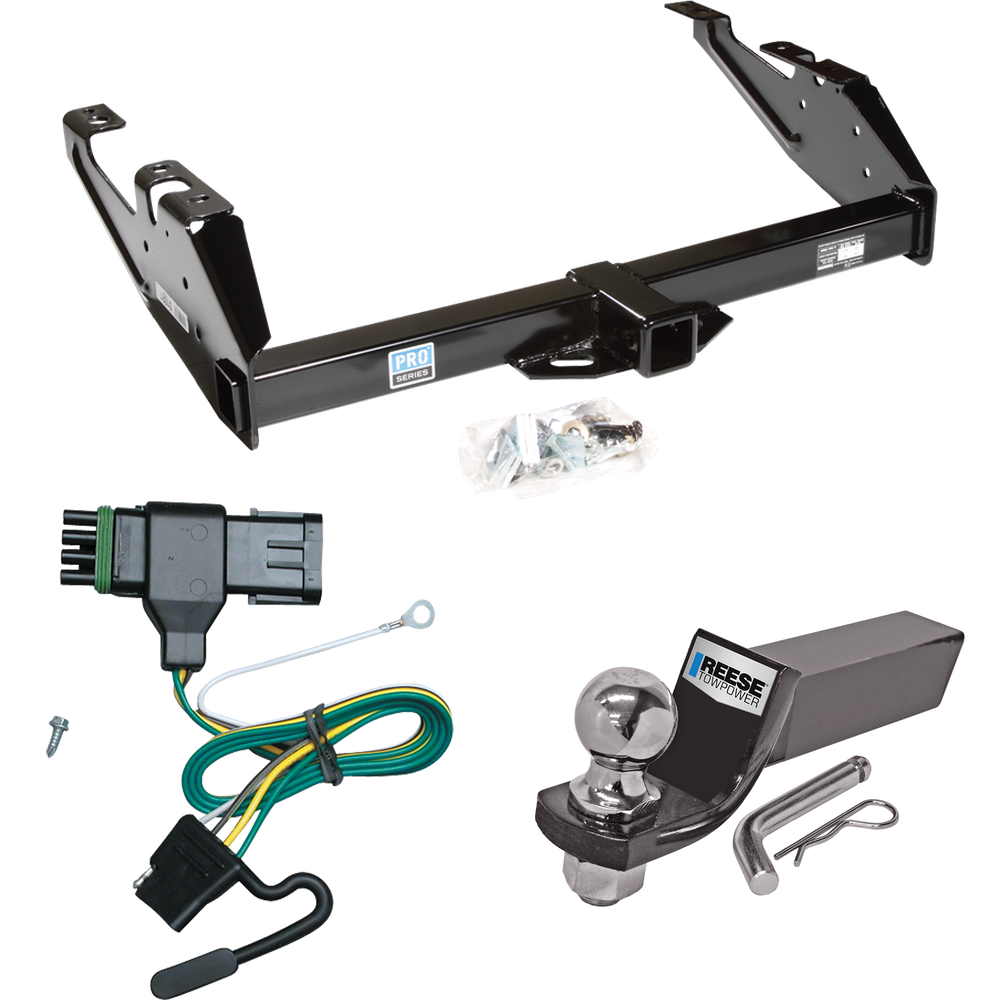 Fits 1992-2000 Chevrolet K3500 Trailer Hitch Tow PKG w/ 4-Flat Wiring + Starter Kit Ball Mount w/ 2" Drop & 2" Ball (For Crew Cab Models) By Reese Towpower