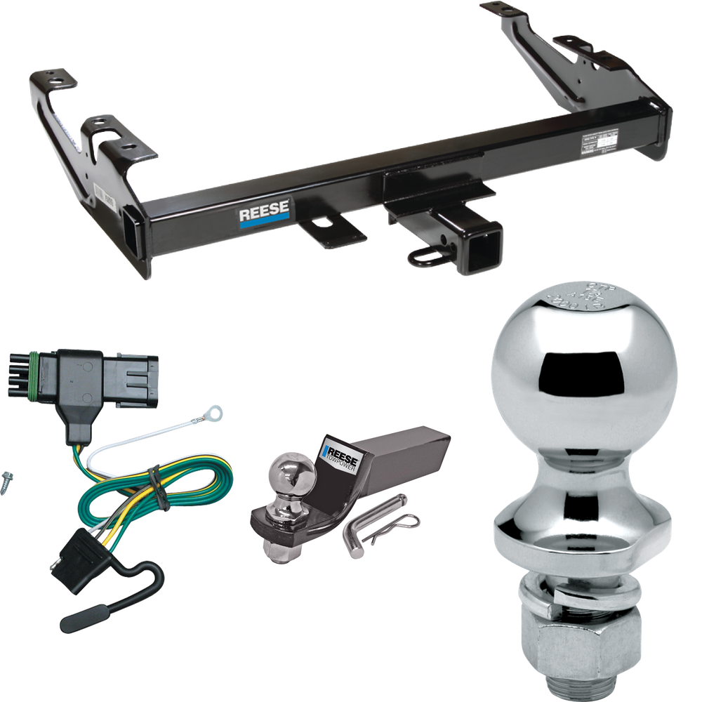 Fits 1992-2000 Chevrolet K2500 Trailer Hitch Tow PKG w/ 4-Flat Wiring + Starter Kit Ball Mount w/ 2" Drop & 2" Ball + 1-7/8" Ball (For Crew Cab Models) By Reese Towpower