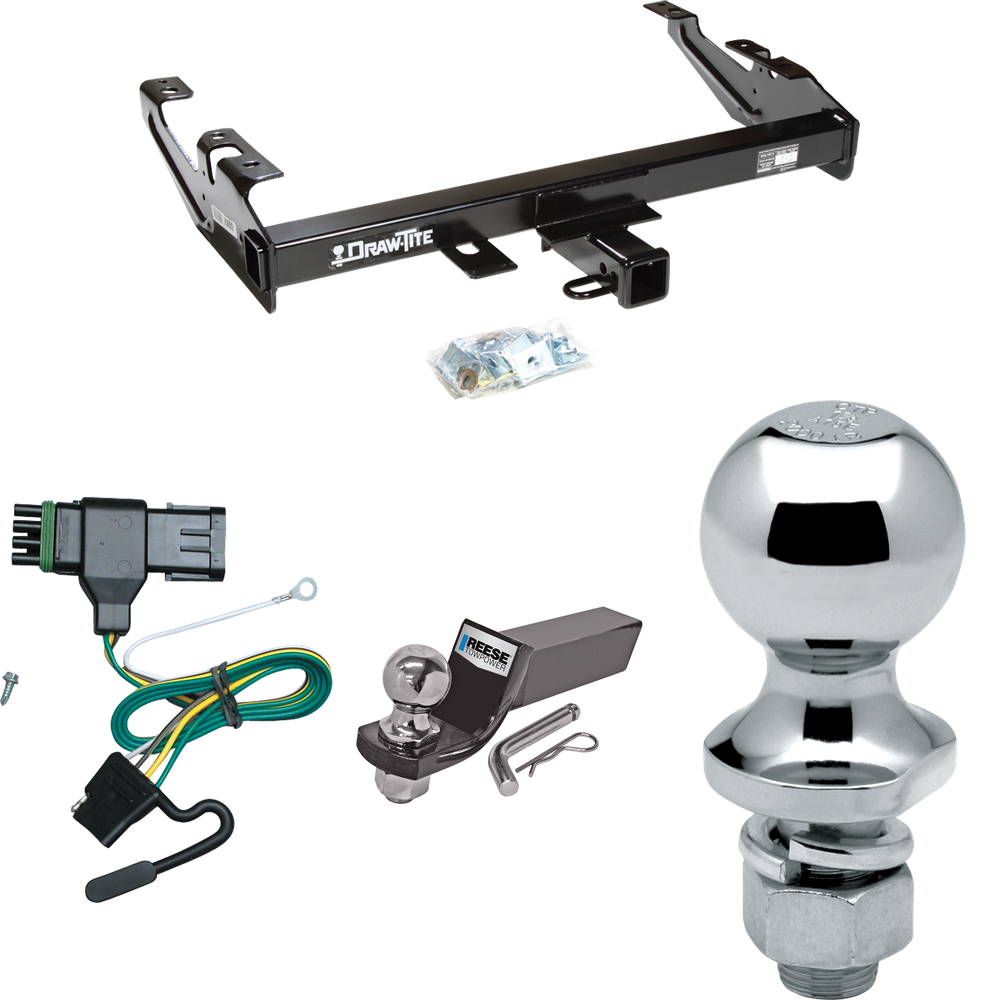 Fits 1992-2000 Chevrolet C3500 Trailer Hitch Tow PKG w/ 4-Flat Wiring + Starter Kit Ball Mount w/ 2" Drop & 2" Ball + 1-7/8" Ball (For Crew Cab Models) By Draw-Tite