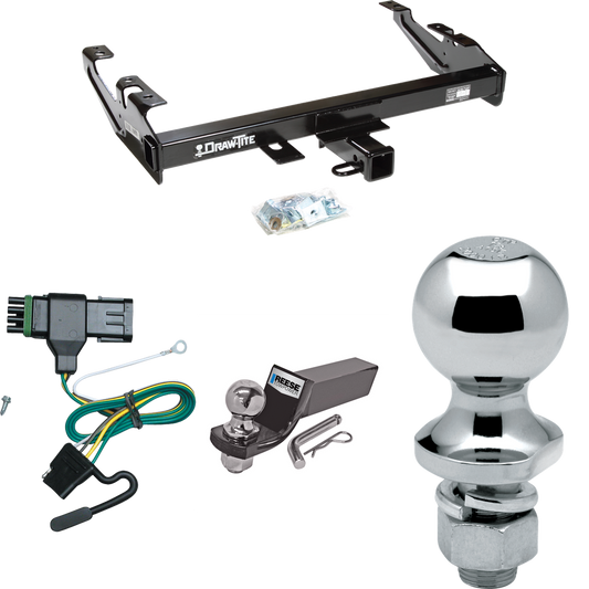 Fits 1992-2000 Chevrolet C3500 Trailer Hitch Tow PKG w/ 4-Flat Wiring + Starter Kit Ball Mount w/ 2" Drop & 2" Ball + 1-7/8" Ball (For Crew Cab Models) By Draw-Tite