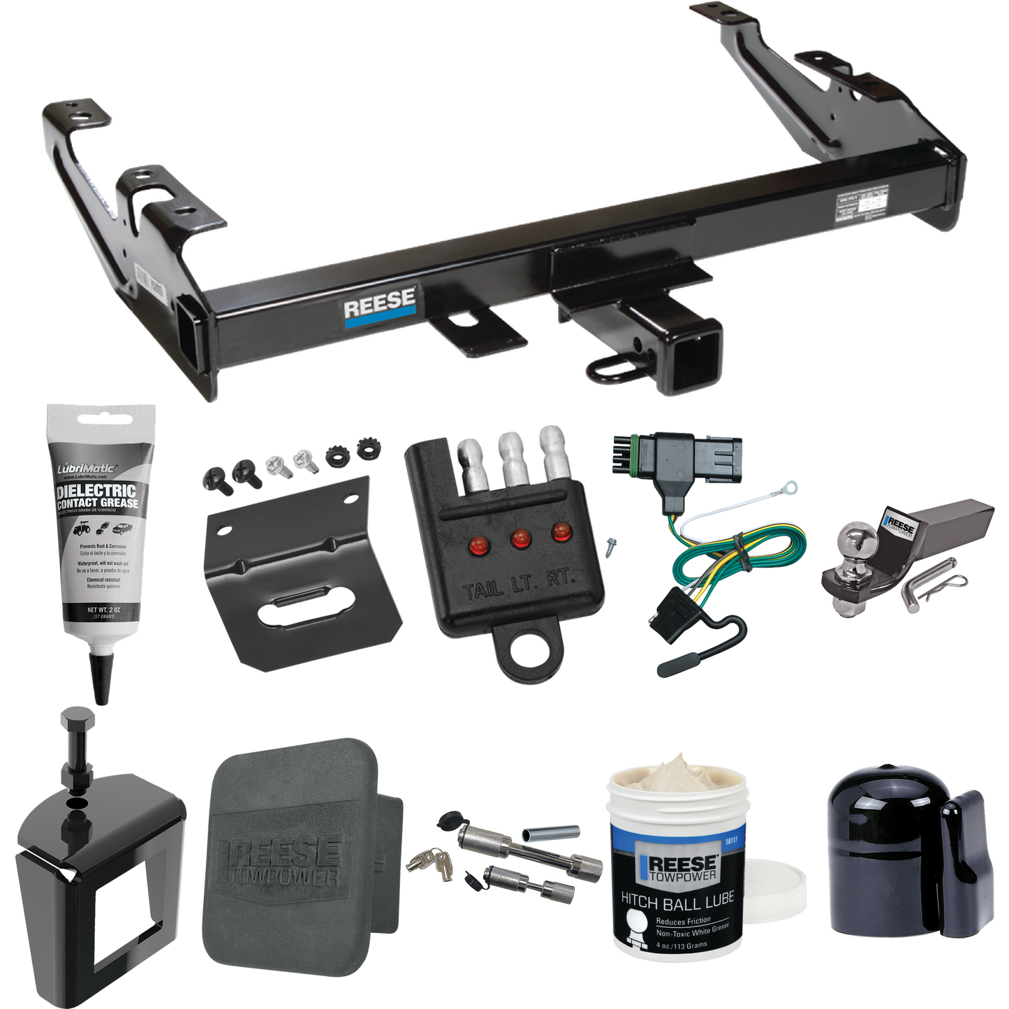 Fits 1992-2000 Chevrolet C3500 Trailer Hitch Tow PKG w/ 4-Flat Wiring + Starter Kit Ball Mount w/ 2" Drop & 2" Ball + 1-7/8" Ball + Wiring Bracket + Dual Hitch & Coupler Locks + Hitch Cover + Wiring Tester + Ball Lube + Electric Grease + Ball Wrench