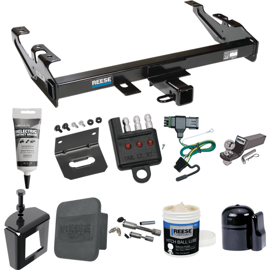 Fits 1988-2000 GMC C2500 Trailer Hitch Tow PKG w/ 4-Flat Wiring + Starter Kit Ball Mount w/ 2" Drop & 2" Ball + 1-7/8" Ball + Wiring Bracket + Dual Hitch & Coupler Locks + Hitch Cover + Wiring Tester + Ball Lube + Electric Grease + Ball Wrench + Anti