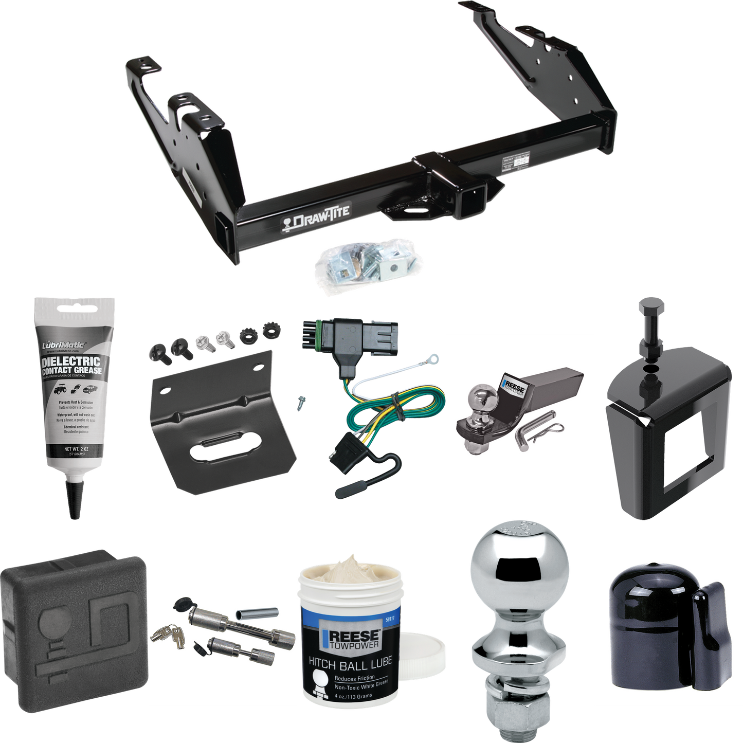 Fits 1988-1999 GMC K1500 Trailer Hitch Tow PKG w/ 4-Flat Wiring + Starter Kit Ball Mount w/ 2" Drop & 2" Ball + 1-7/8" Ball + Wiring Bracket + Dual Hitch & Coupler Locks + Hitch Cover + Wiring Tester + Ball Lube +Electric Grease + Ball Wrench + Anti