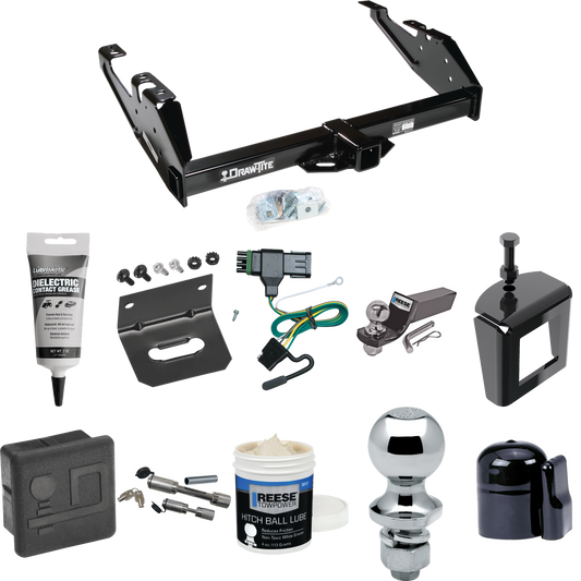 Fits 1988-1999 Chevrolet K2500 Trailer Hitch Tow PKG w/ 4-Flat Wiring + Starter Kit Ball Mount w/ 2" Drop & 2" Ball + 1-7/8" Ball + Wiring Bracket + Dual Hitch & Coupler Locks + Hitch Cover + Wiring Tester + Ball Lube +Electric Grease + Ball Wrench +