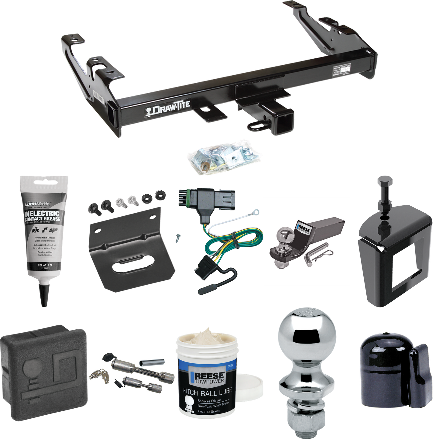 Fits 1988-1999 Chevrolet K2500 Trailer Hitch Tow PKG w/ 4-Flat Wiring + Starter Kit Ball Mount w/ 2" Drop & 2" Ball + 1-7/8" Ball + Wiring Bracket + Dual Hitch & Coupler Locks + Hitch Cover + Wiring Tester + Ball Lube +Electric Grease + Ball Wrench +