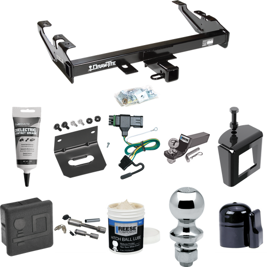 Fits 1988-1999 Chevrolet K2500 Trailer Hitch Tow PKG w/ 4-Flat Wiring + Starter Kit Ball Mount w/ 2" Drop & 2" Ball + 1-7/8" Ball + Wiring Bracket + Dual Hitch & Coupler Locks + Hitch Cover + Wiring Tester + Ball Lube +Electric Grease + Ball Wrench +