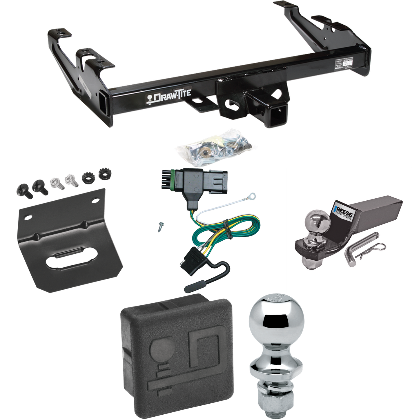 Fits 1988-1999 Chevrolet C1500 Trailer Hitch Tow PKG w/ 4-Flat Wiring + Starter Kit Ball Mount w/ 2" Drop & 2" Ball + 1-7/8" Ball + Wiring Bracket + Hitch Cover By Draw-Tite