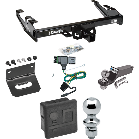 Fits 1988-1999 Chevrolet C1500 Trailer Hitch Tow PKG w/ 4-Flat Wiring + Starter Kit Ball Mount w/ 2" Drop & 2" Ball + 1-7/8" Ball + Wiring Bracket + Hitch Cover By Draw-Tite