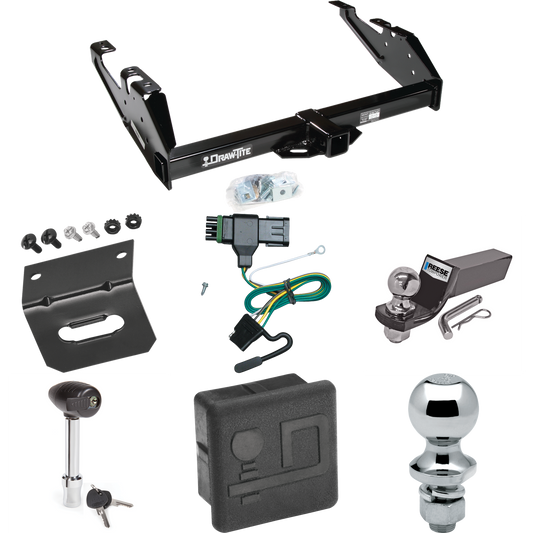 Fits 1988-1999 Chevrolet C2500 Trailer Hitch Tow PKG w/ 4-Flat Wiring + Starter Kit Ball Mount w/ 2" Drop & 2" Ball + 1-7/8" Ball + Wiring Bracket + Hitch Lock + Hitch Cover (For Regular & Extended Cabs Models) By Draw-Tite