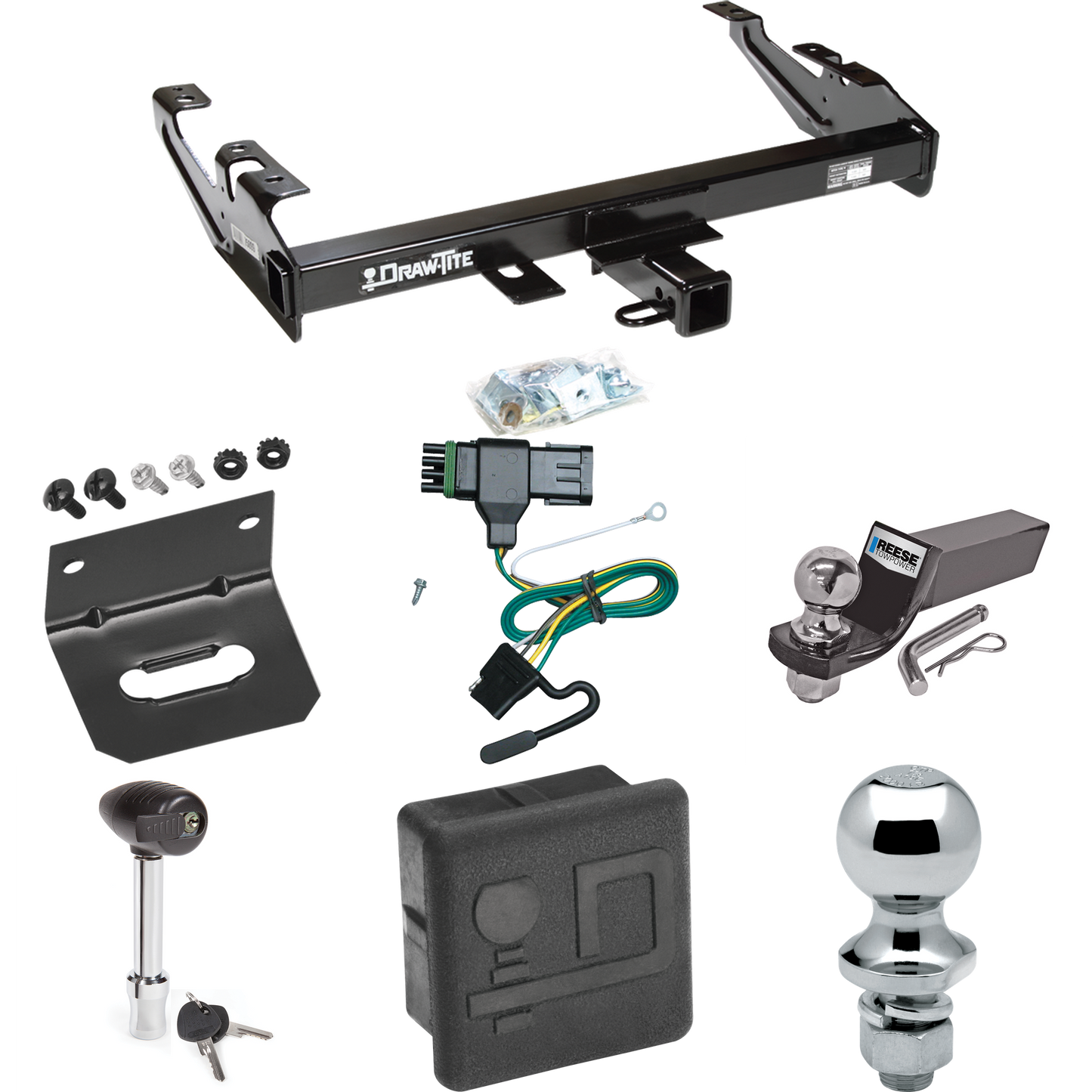 Fits 1988-2000 GMC K3500 Trailer Hitch Tow PKG w/ 4-Flat Wiring + Starter Kit Ball Mount w/ 2" Drop & 2" Ball + 1-7/8" Ball + Wiring Bracket + Hitch Lock + Hitch Cover By Draw-Tite