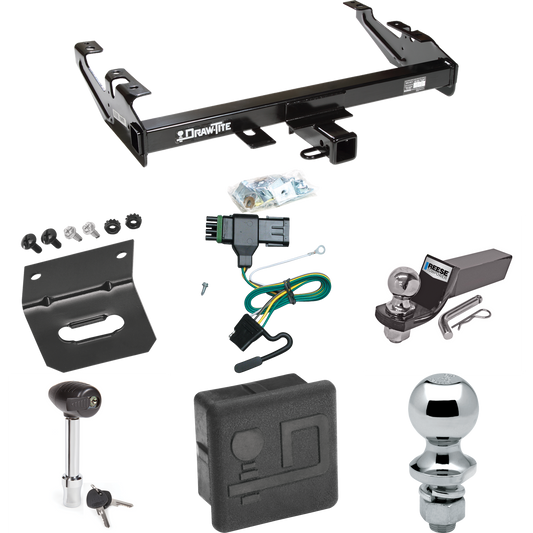 Fits 1988-2000 GMC K3500 Trailer Hitch Tow PKG w/ 4-Flat Wiring + Starter Kit Ball Mount w/ 2" Drop & 2" Ball + 1-7/8" Ball + Wiring Bracket + Hitch Lock + Hitch Cover By Draw-Tite